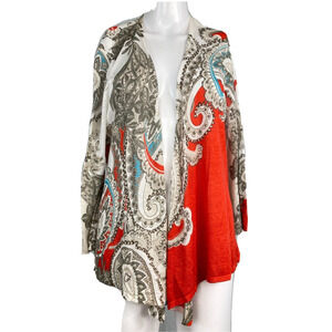 Chicos Cardigan Womens Sz‎ 0 Small Coral Ivory Paisley Open Front Long Sleeve